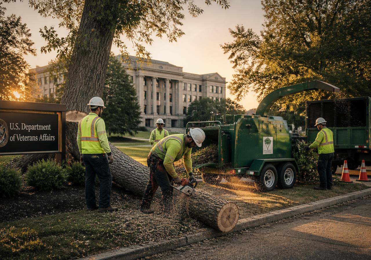 Professional landscaping and tree removal crew performing grounds maintenance at a federal government installation