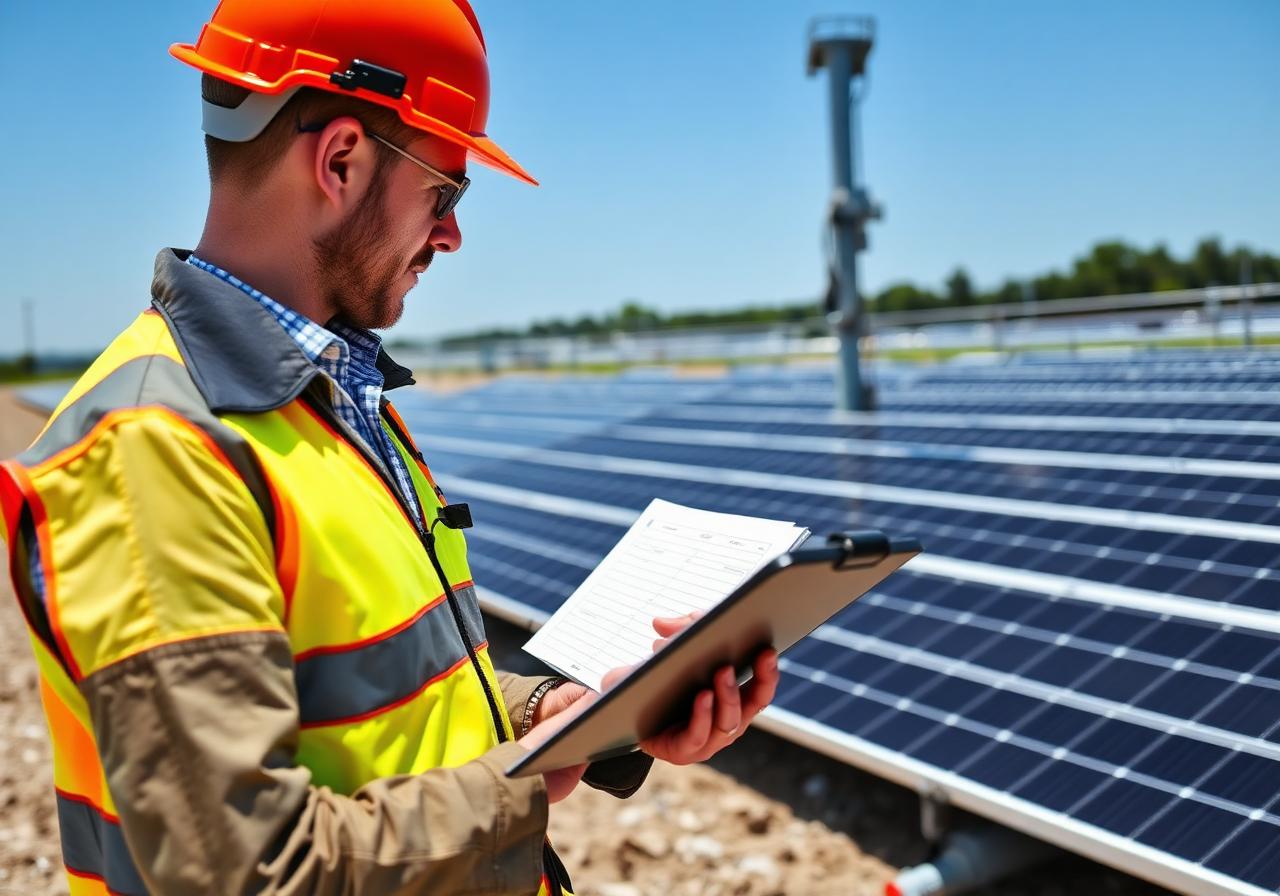QA/QC inspector documenting solar installation quality with clipboard and tablet