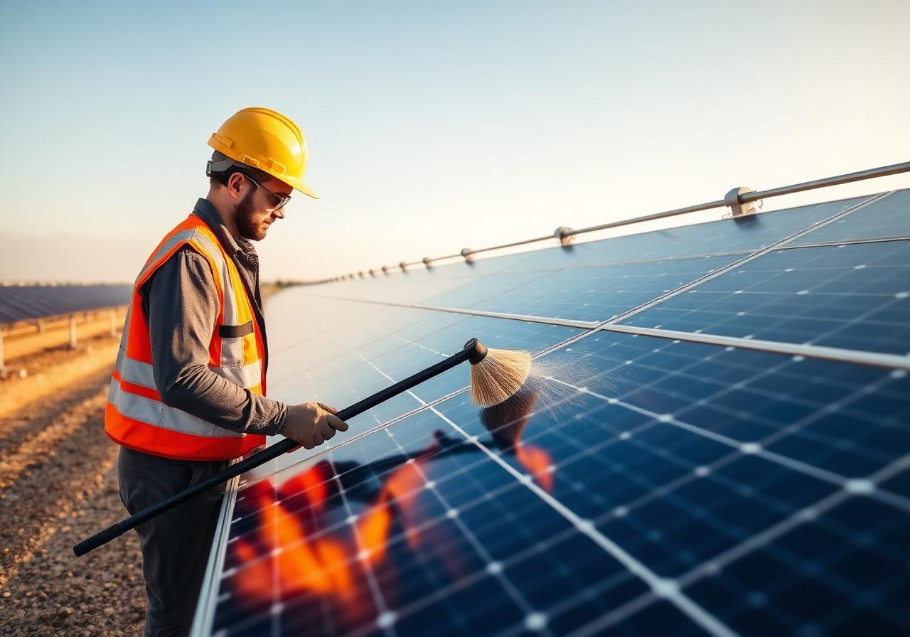 Technician cleaning utility-scale solar panels with a water-fed pole