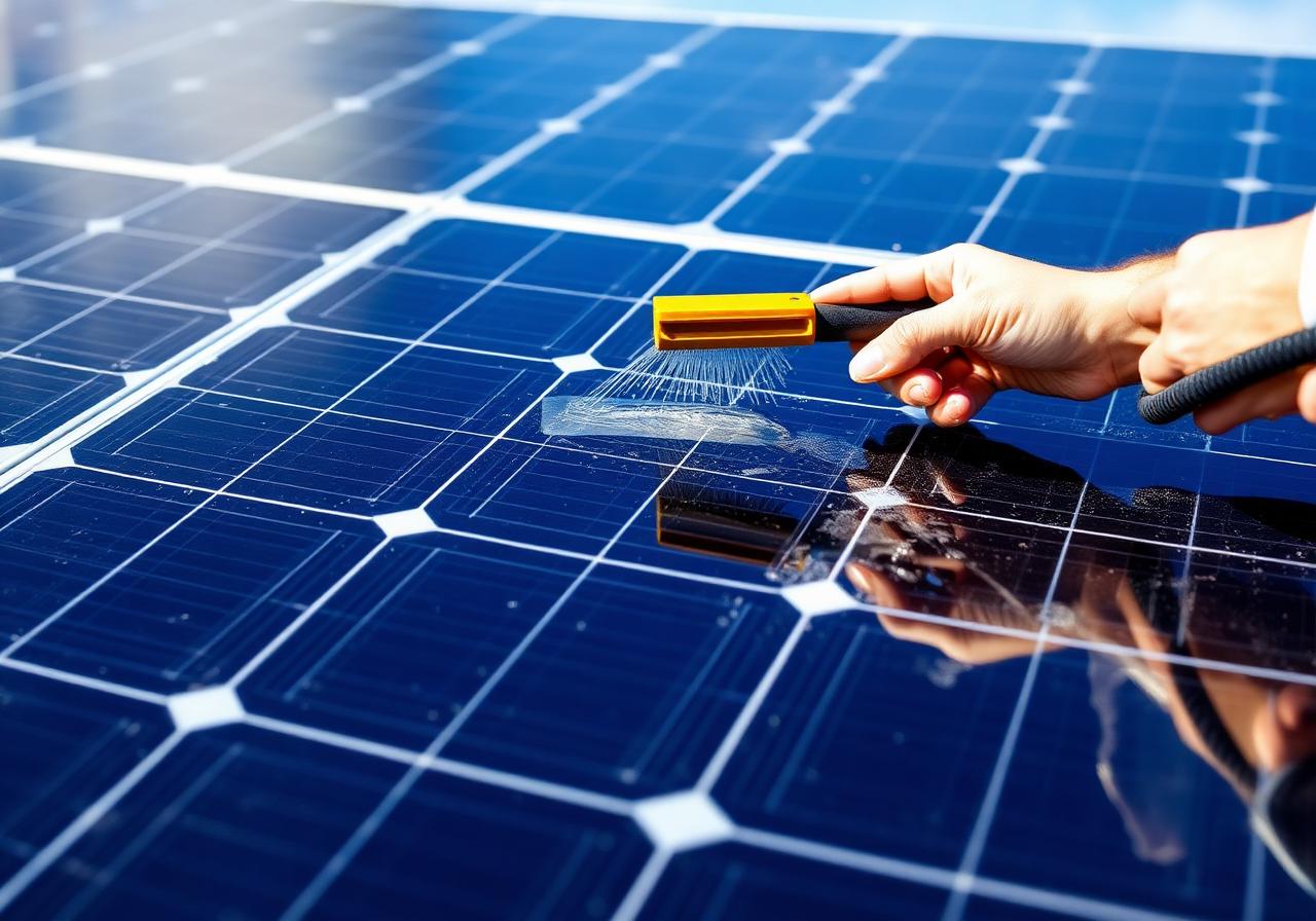 Close-up of freshly cleaned photovoltaic panels reflecting clear sky