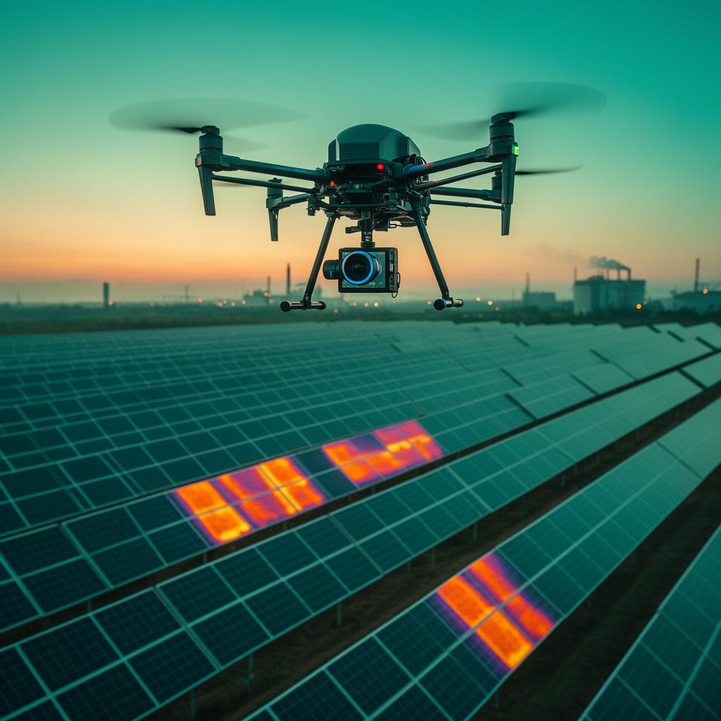 Drone with thermal camera surveying solar panels from above
