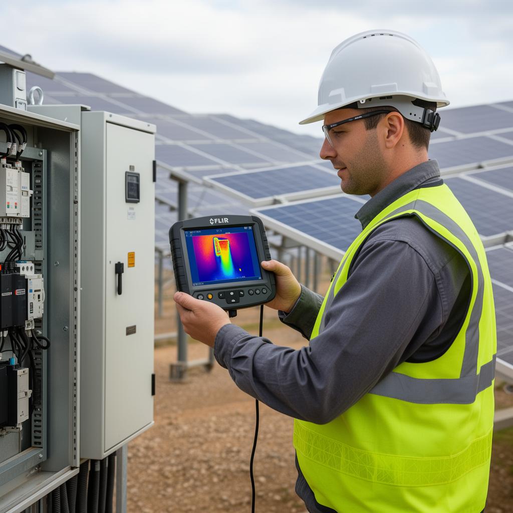 Technician using handheld thermal imager on electrical equipment