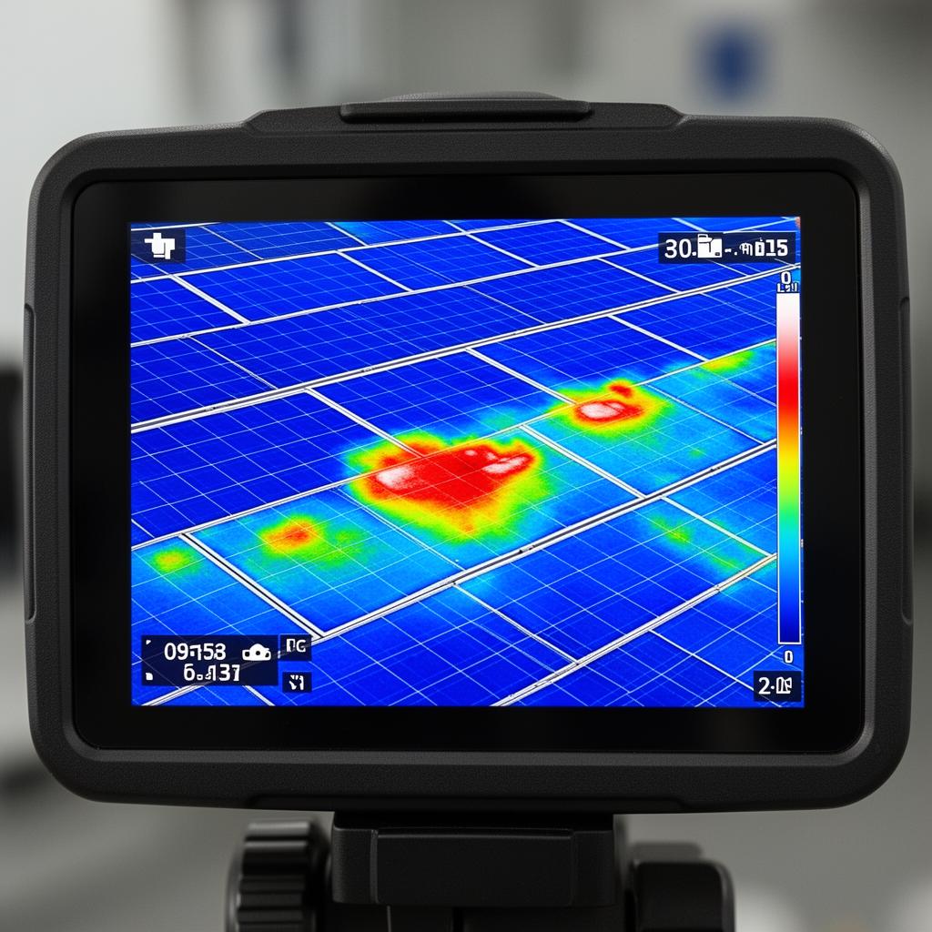 Thermal camera screen displaying hot spots on solar panels