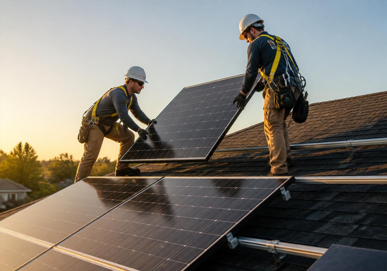 Solar technicians removing and reinstalling residential rooftop panels in New England